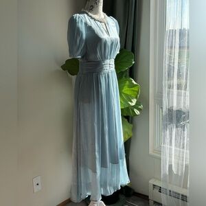 NWT D-PLAY Light Blue Pleated Midi Dress | Pearl Neckline | Size M